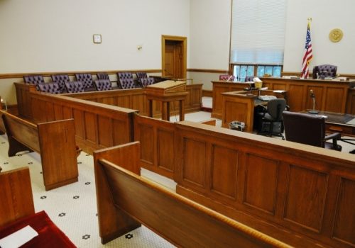The courtroom where a case involving business litigation is taking place